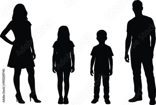 Family silhouettes, mother father and two children standing together, black human figures, isolated on white background, parenting lifestyle concept