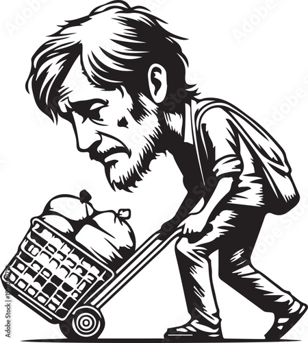 Cartoon illustration of a person pushing a shopping cart in a sketch style vector drawing