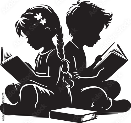 A smiling young couple sits on a chair in a vector illustration, focusing on a book together for education while a student works on a laptop in this cartoon drawing