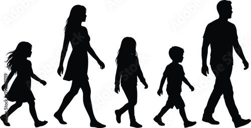 Family walking silhouettes, parents and children moving forward together, side view human figures, black shapes, isolated on white background