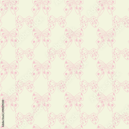 Hand drawn seamless pattern with delicate ribbon bows decorated with floral details in soft pink outline on light background vector illustration. The image represents romance, femininity, elegance