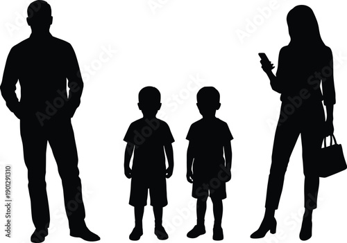Family silhouettes, modern parents and two children standing, father and mother with kids, black figures, isolated on white background