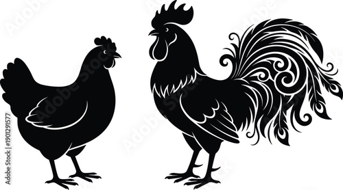 Black and white vector silhouette illustration of a hen and rooster with decorative swirl tail feathers isolated on white background
