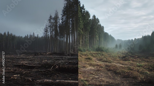 Forest Divide: A stark visual representation of deforestation's impact, juxtaposing a desolate, felled forest with a vibrant, thriving woodland, prompting reflection on environmental stewardship.