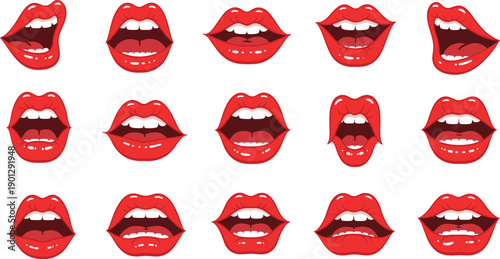 Large Set of Red Cartoon Female Lips with Various Open Mouth Expressions for Pop Art, Emoji, Comic Style, and Beauty Vector Design.
