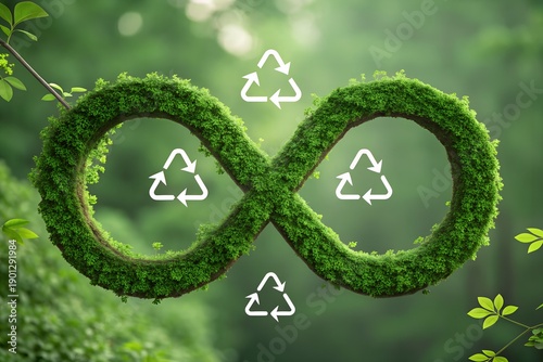 Sustainable recycling symbol in infinity loop with green moss and leaves in forest