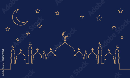 Islamic architecture silhouette at night with crescent moon and stars