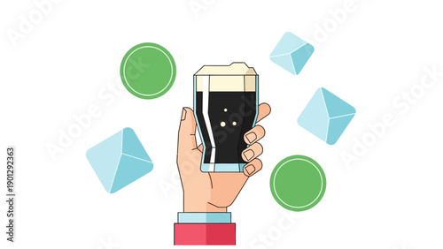 Hand holding a stout beer glass in modern vector flat design style. Craft dark ale beverage illustration surrounded by geometric shapes.