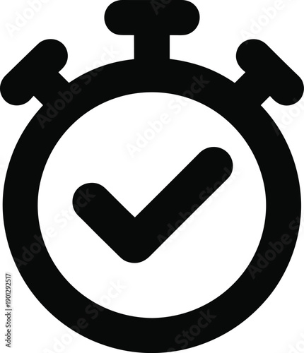 Black vector icon illustrating a stopwatch with a large checkmark inside, symbolizing successful time management, efficiency, and project completion on a white background.