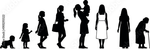 Woman Life Cycle Silhouettes Showing Aging Process From Baby To Elderly Grandmother Isolated Vector Illustration