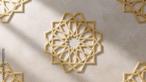 Intricate beige geometric pattern with gold accents on decorative tiles