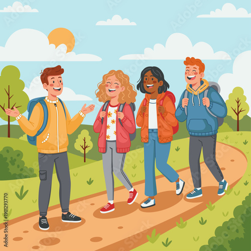 Flat illustration of four diverse friends hiking together in spring, outdoor adventure and friendship concept