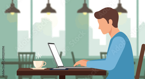 This flat design illustration portrays a focused individual enjoying the flexibility of working remotely from a bustling cafe. 