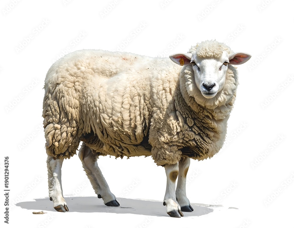 Fototapeta premium A fluffy, white sheep stands isolated against a stark white background, casting a subtle shadow. Its wool is thick and curly