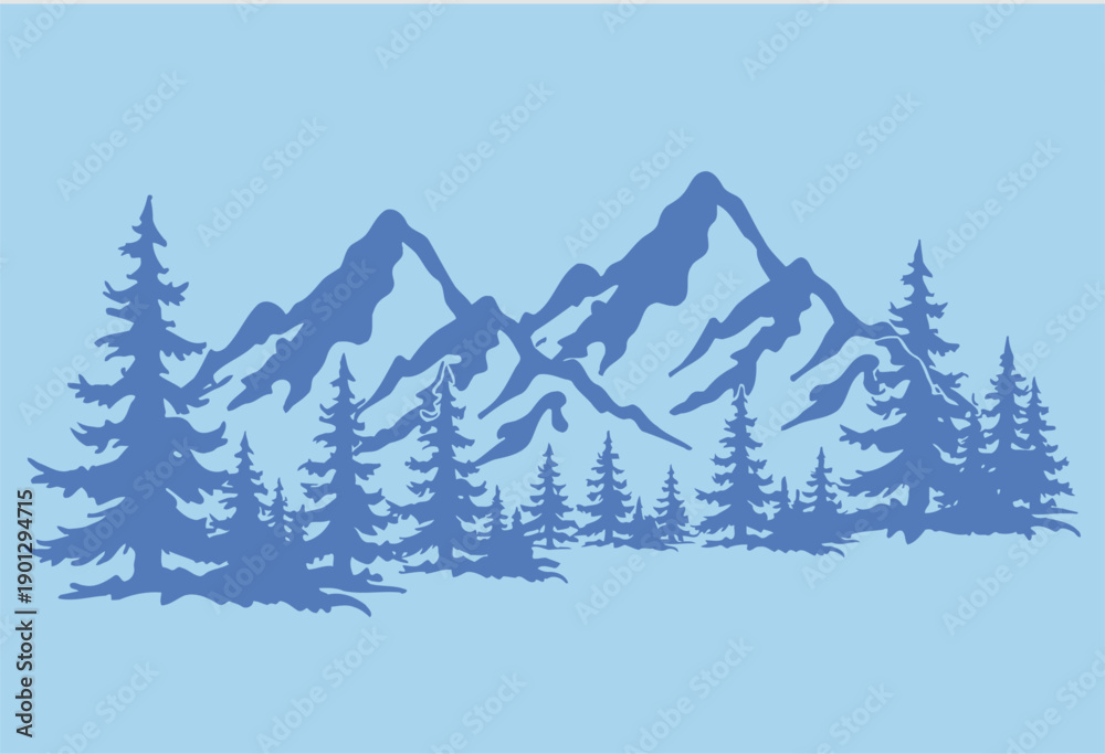 Obraz premium Mountain range with pine trees on a light blue background
