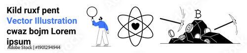 Scientist holding a magnifying glass studying an atom with a heart in its nucleus. Cryptocurrency mining tools extracting Bitcoin. Ideal for science, technology, blockchain, finance, healthcare