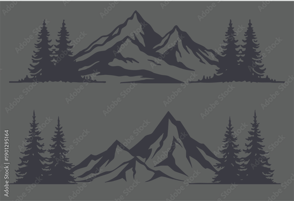 Fototapeta premium Mountain ranges with pine trees in silhouette against a dark background