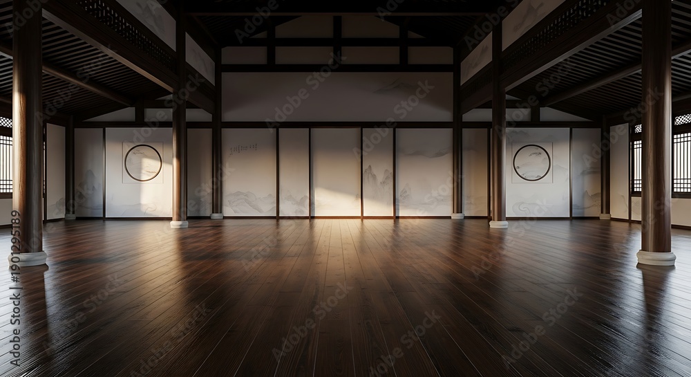 Fototapeta premium Empty industrial warehouse with wooden pillars and concrete floor.