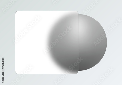 Abstract digital illustration in glass morphism style with a translucent frosted panel and a large grey sphere. Eps 10
