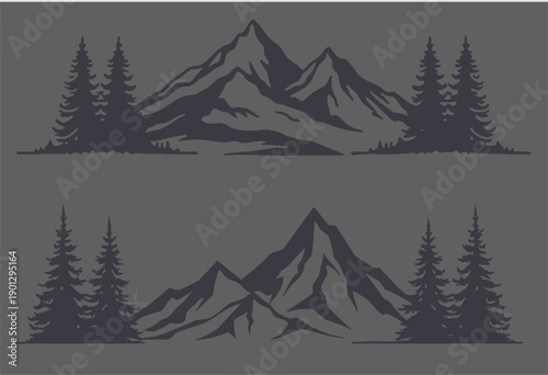 Mountain ranges with pine trees in silhouette against a dark background