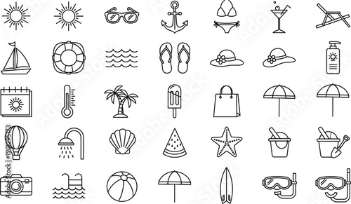 Summer Vacation and Tropical Beach Icon Set featuring Sun, Travel Gear, Sea Life, and Holiday Activity Symbols for Tourism Marketing, Seasonal Promotions, and Travel Apps