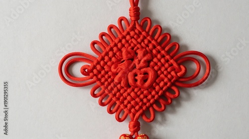 A vibrant red knotted cord ornament hangs against a plain background
