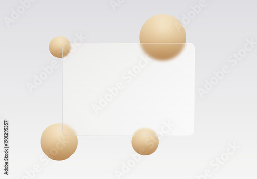 Clean composition with a frosted glass rectangle and volumetric beige spheres around it. Eps 10