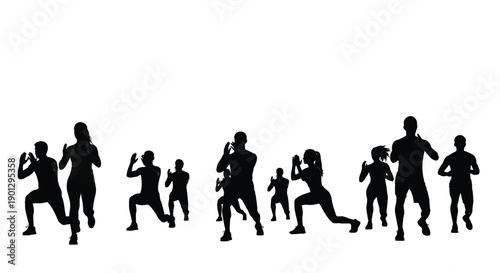 Group of diverse athletes performing lunges and high impact cardio exercises together