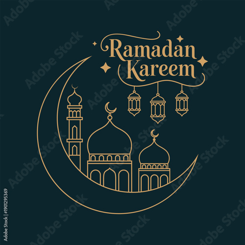 Ramadan Kareem greeting with mosque and crescent moon