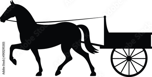 Horse drawn cart silhouette with wagon carriage, traditional rural transport vehicle, black equestrian animal pulling wooden buggy, vintage farm transportation illustration isolated on white backgroun