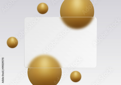 Rectangular frosted glass card surrounded by golden volumetric 3D spheres of various sizes. Eps 10