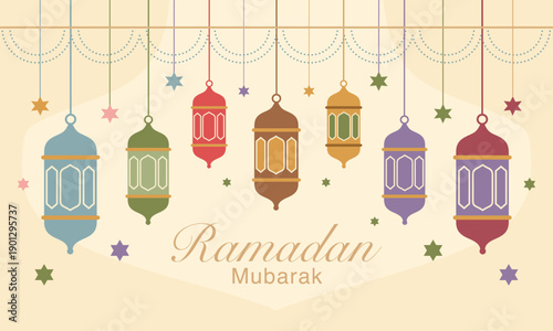 Ramadan Mubarak colorful lanterns and stars decoration