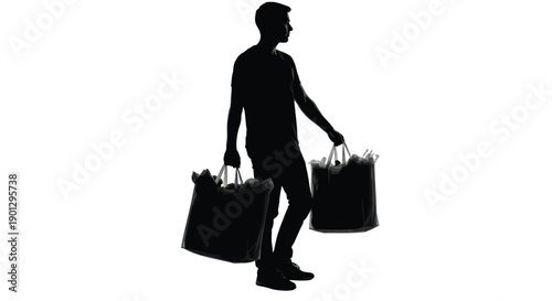 Silhouette of a young man walking carrying two large shopping bags full of purchases on white background