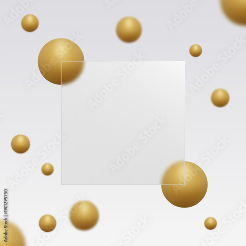 Square translucent glass among many golden spheres on a light neutral background. Eps 10