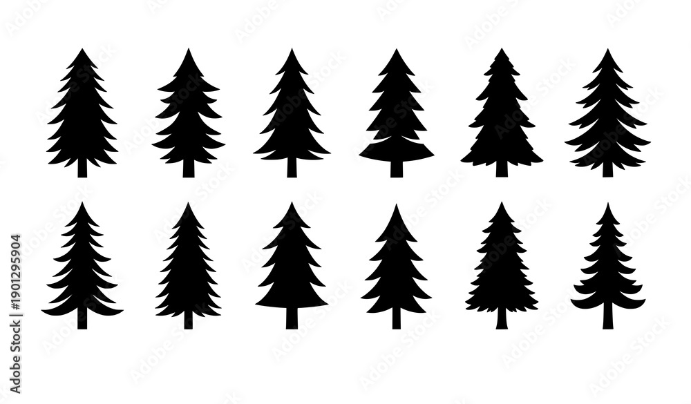 Obraz premium Minimal pine and fir tree icon set in flat silhouette style for nature and Christmas design