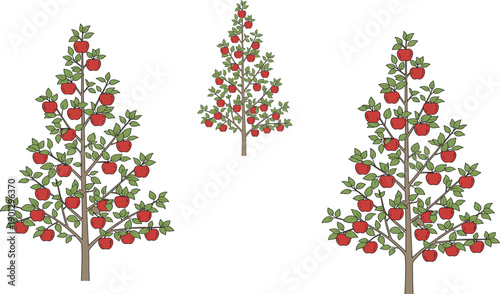 Set of Apple Trees with Ripe Red Apples and Green Leaves for Orchard, Agriculture, Nature, Farming, and Botanical Vector Illustration.