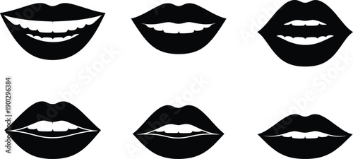 Set of Black Silhouette Lips with Different Mouth Expressions for Beauty, Fashion, Logo Design, Icons, and Minimal Facial Expression Vector Illustration.