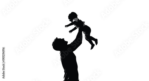 Silhouette of a joyful father tossing his small child high up into the bright white air