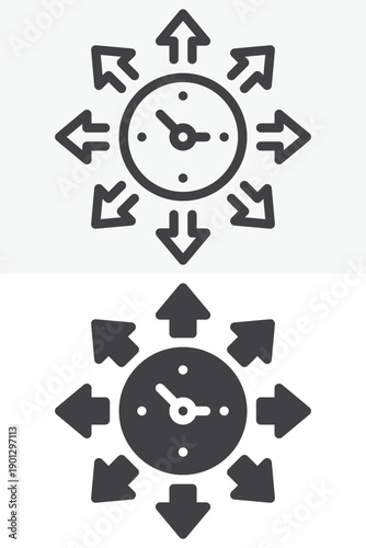 Time direction icon with arrows around clock in different style. Line, outline and solid icon set with editable stroke vector sign and symbol for control icon ideas.