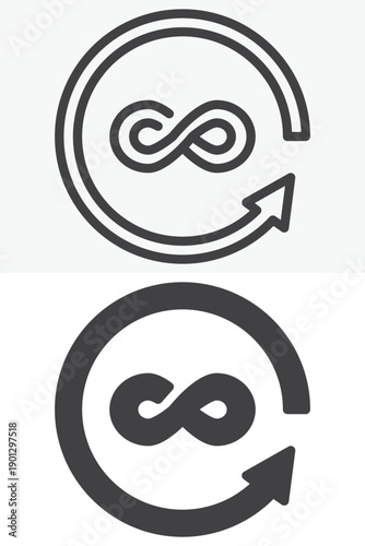 Infinite time icon with infinity sign and arrows in different style. Line, outline and solid icon set with editable stroke vector sign and symbol for endless icon concept.
