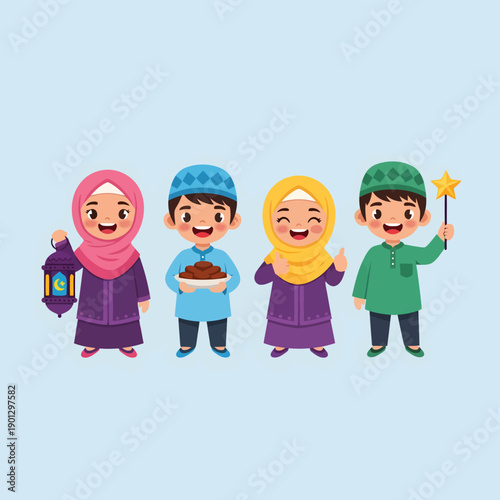 Four happy cartoon Muslim children celebrating Eid or Ramadan, holding a lantern, dates, and a star wand.