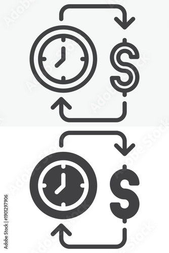 Time profit icon with clock and currency arrows in different style. Line, outline and solid icon set with editable stroke vector sign and symbol for gain icon use.