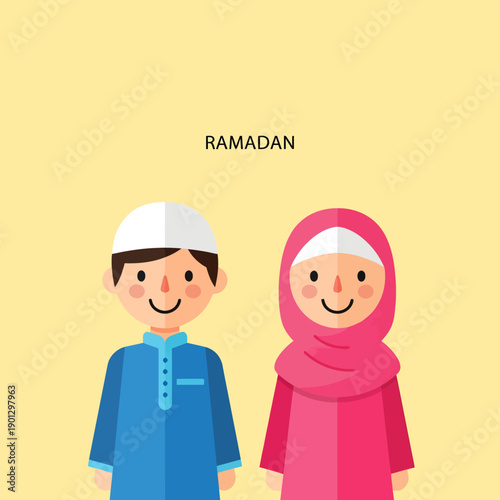 A cartoon illustration of a smiling Muslim boy and girl dressed in traditional attire for Ramadan.