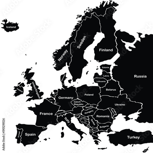 Silhouette of Map of Europe with Names on white background