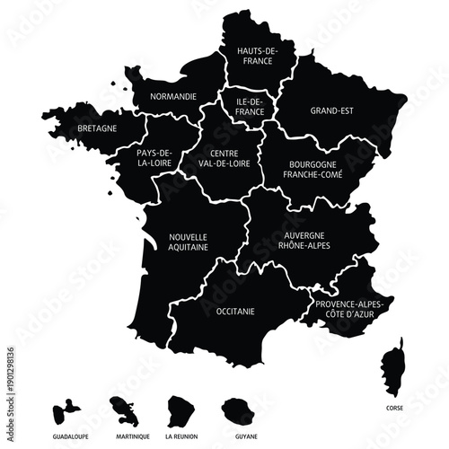 Black map of France divided into regions with islands