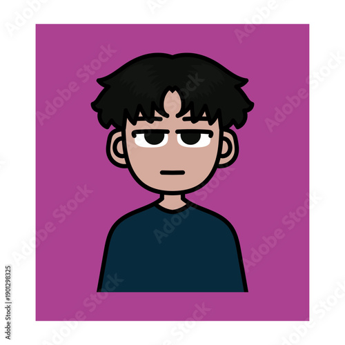 Cartoon portrait of a young man with dark messy hair and a serious expression, set against a vibrant purple background