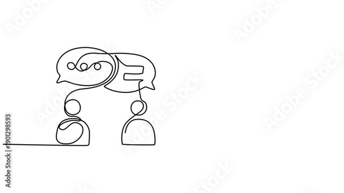 Continuous line drawing of diverse group conversations with speech bubbles, no editable stroke animation, motion, video, Group of People in one continuous line drawing. One line poster. Outline group