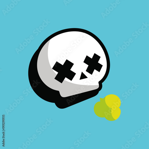 Vibrant stylized cartoon skull icon with crossed out eyes and green vomit, a graphic illustration representing extreme sickness, nausea, or a playful state of feeling unwell