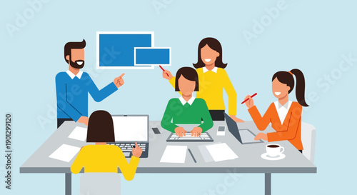 Dynamic business team collaborating on innovative strategies during a productive meeting in a modern office, fostering teamwork and professional discussion