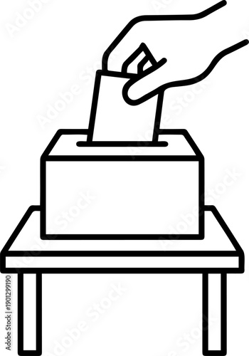 Hand Putting Ballot Paper into Box Icon, Election and Democracy Voting Line Art Illustration